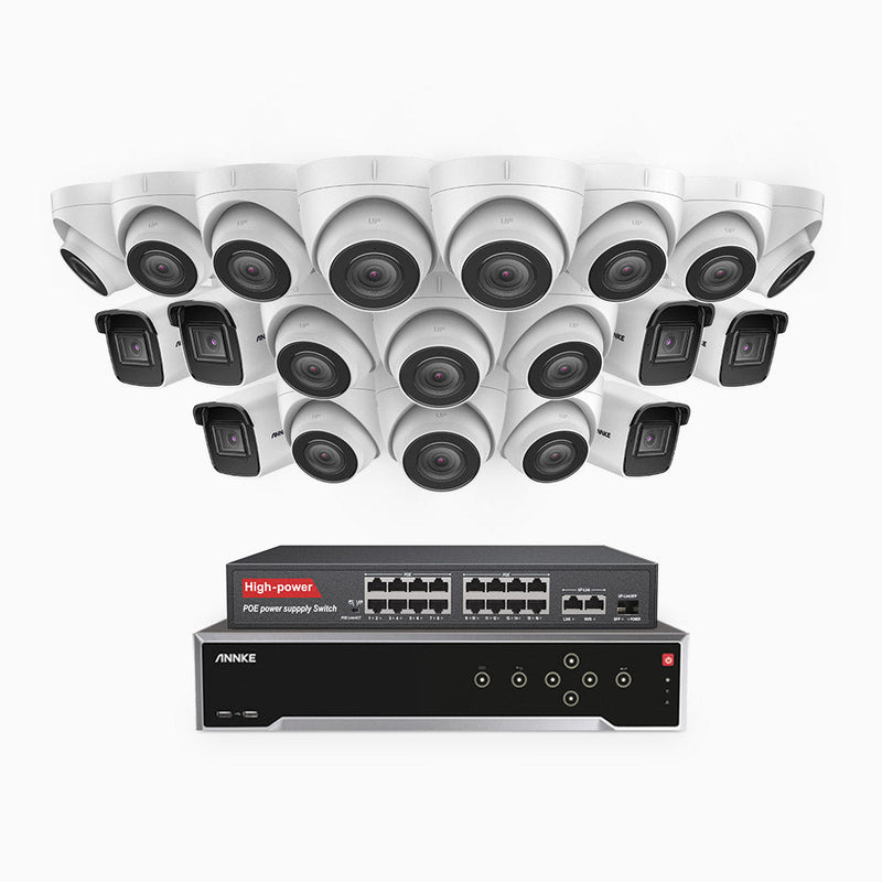 H800 - 4K 32 Channel PoE Security System with 6 Bullet & 14 Turret Cameras, Human & Vehicle Detection, EXIR 2.0 Night Vision, 123° FoV, Built-in Mic, RTSP Supported, 16-Port PoE Switch Included