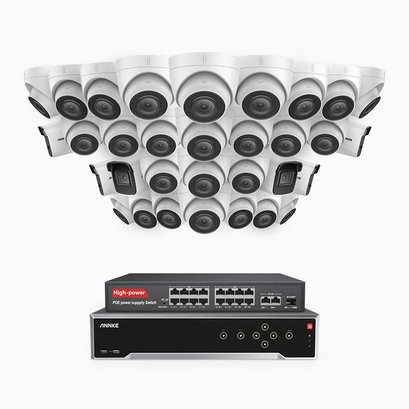 H800 - 4K 32 Channel PoE Security System with 6 Bullet & 26 Turret Cameras, Human & Vehicle Detection, EXIR 2.0 Night Vision, 123° FoV, Built-in Mic, RTSP Supported, 16-Port PoE Switch Included