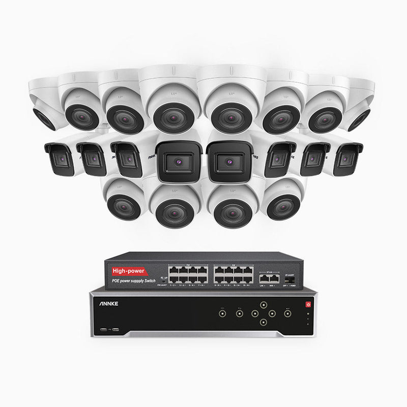 H800 - 4K 32 Channel PoE Security System with 8 Bullet & 12 Turret Cameras, Human & Vehicle Detection, EXIR 2.0 Night Vision, 123° FoV, Built-in Mic, RTSP Supported, 16-Port PoE Switch Included