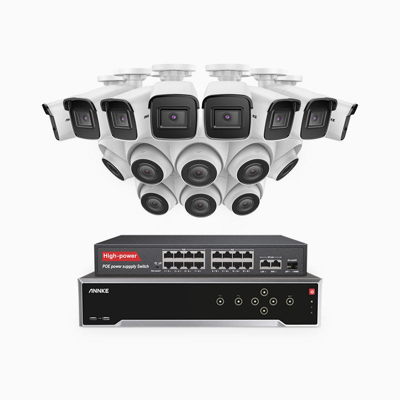 H800 - 4K 32 Channel PoE Security System with 8 Bullet & 8 Turret Cameras, Human & Vehicle Detection, EXIR 2.0 Night Vision, 123° FoV, Built-in Mic, RTSP Supported, 16-Port PoE Switch Included
