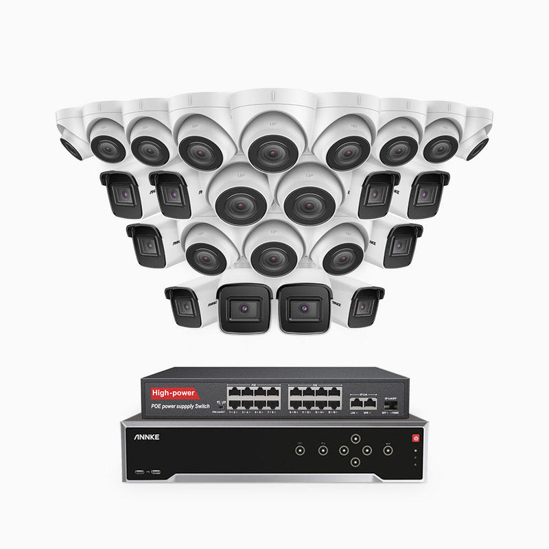 H800 - 4K 32 Channel PoE Security System with 10 Bullet & 14 Turret Cameras, Human & Vehicle Detection, EXIR 2.0 Night Vision, 123° FoV, Built-in Mic, RTSP Supported, 16-Port PoE Switch Included