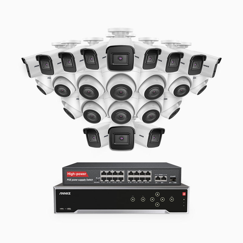 H800 - 4K 32 Channel PoE Security System with 12 Bullet & 12 Turret Cameras, Human & Vehicle Detection, EXIR 2.0 Night Vision, 123° FoV, Built-in Mic, RTSP Supported, 16-Port PoE Switch Included