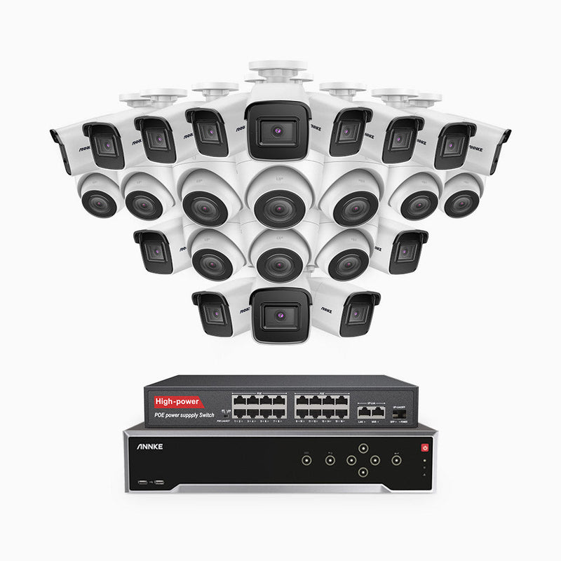 H800 - 4K 32 Channel PoE Security System with 14 Bullet & 10 Turret Cameras, Human & Vehicle Detection, EXIR 2.0 Night Vision, 123° FoV, Built-in Mic, RTSP Supported, 16-Port PoE Switch Included