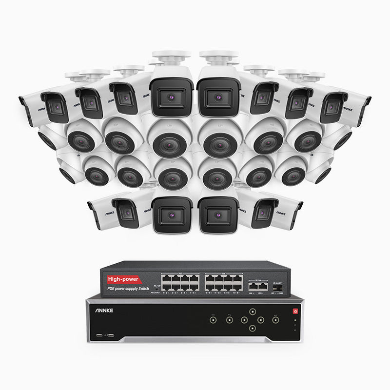 H800 - 4K 32 Channel PoE Security System with 16 Bullet & 16 Turret Cameras, Human & Vehicle Detection, EXIR 2.0 Night Vision, 123° FoV, Built-in Mic, RTSP Supported, 16-Port PoE Switch Included
