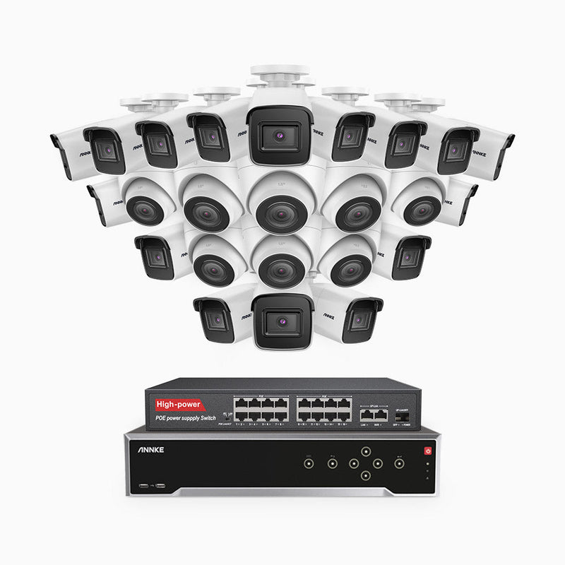 H800 - 4K 32 Channel PoE Security System with 16 Bullet & 8 Turret Cameras, Human & Vehicle Detection, EXIR 2.0 Night Vision, 123° FoV, Built-in Mic, RTSP Supported, 16-Port PoE Switch Included