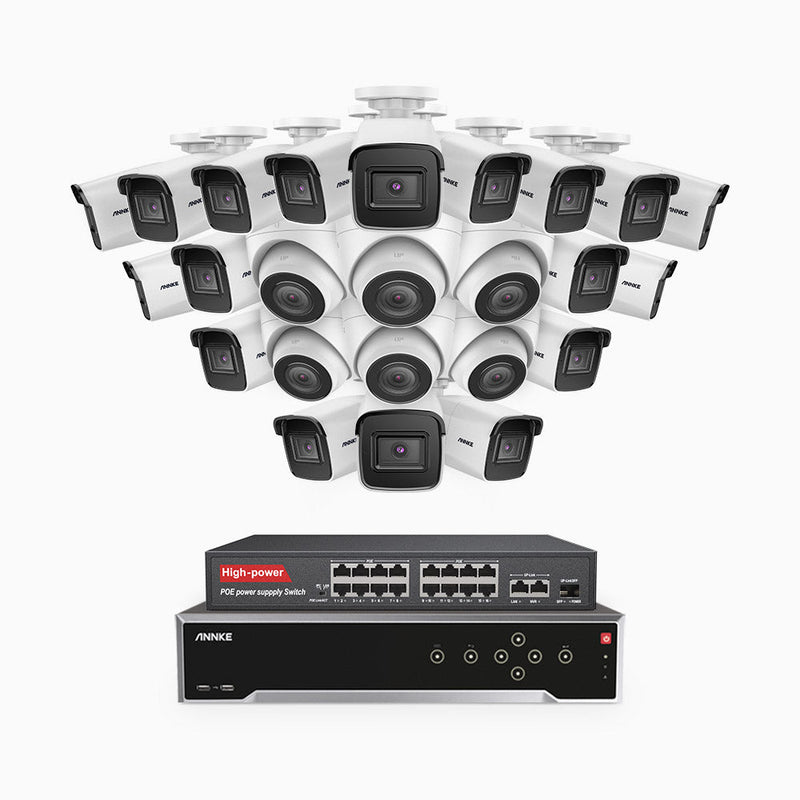 H800 - 4K 32 Channel PoE Security System with 18 Bullet & 6 Turret Cameras, Human & Vehicle Detection, EXIR 2.0 Night Vision, 123° FoV, Built-in Mic, RTSP Supported, 16-Port PoE Switch Included