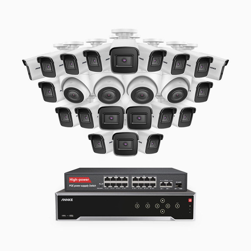 H800 - 4K 32 Channel PoE Security System with 20 Bullet & 4 Turret Cameras, Human & Vehicle Detection, EXIR 2.0 Night Vision, 123° FoV, Built-in Mic, RTSP Supported, 16-Port PoE Switch Included