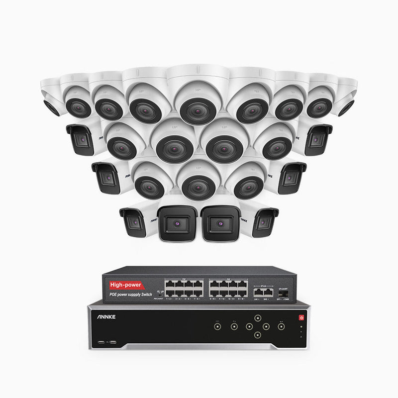 H800 - 4K 32 Channel PoE Security System with 8 Bullet & 16 Turret Cameras, Human & Vehicle Detection, EXIR 2.0 Night Vision, 123° FoV, Built-in Mic, RTSP Supported, 16-Port PoE Switch Included