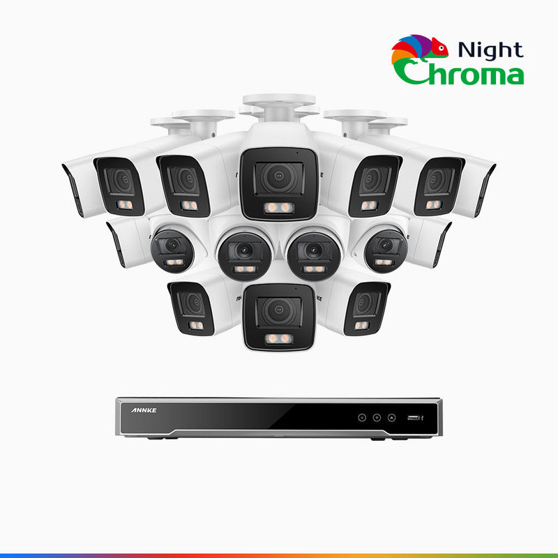 NightChroma<sup>TM</sup> NCK800 – 4K 16 Channel PoE Security System with 12 Bullet & 4 Turret Cameras, f/1.0 Super Aperture, Color Night Vision, 2CH 4K Decoding Capability, Human & Vehicle Detection, Intelligent Behavior Analysis, Built-in Mic, 124° FoV
