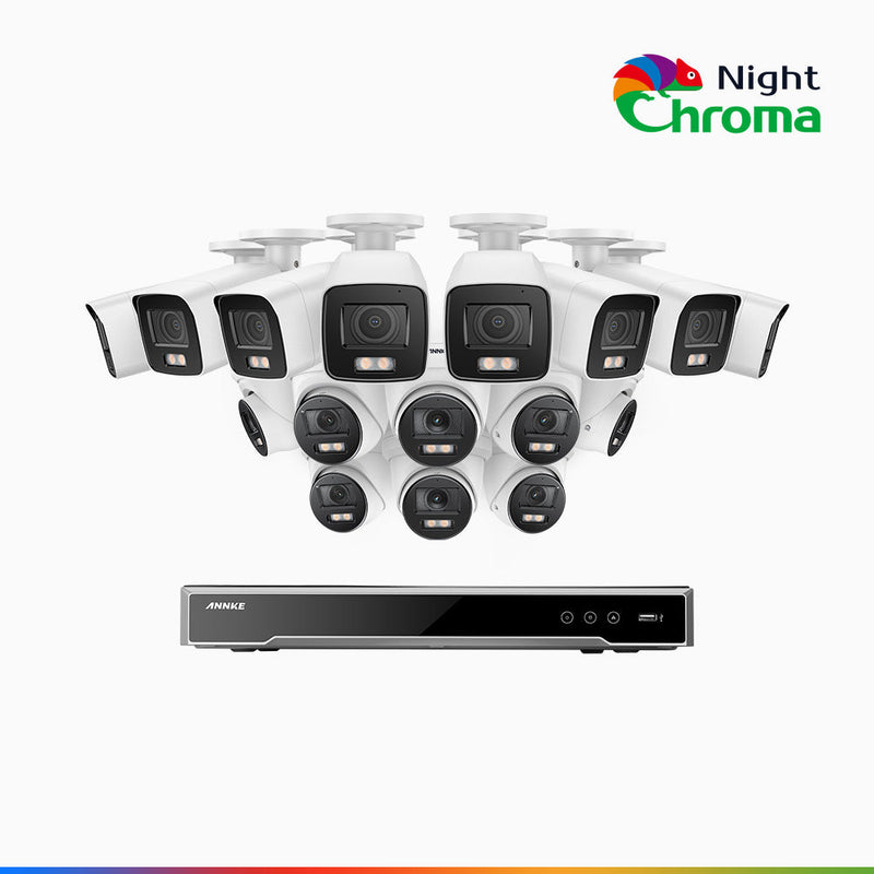 NightChroma<sup>TM</sup> NCK800 – 4K 16 Channel PoE Security System with 8 Bullet & 8 Turret Cameras, f/1.0 Super Aperture, Color Night Vision, 2CH 4K Decoding Capability, Human & Vehicle Detection, Intelligent Behavior Analysis, Built-in Mic, 124° FoV
