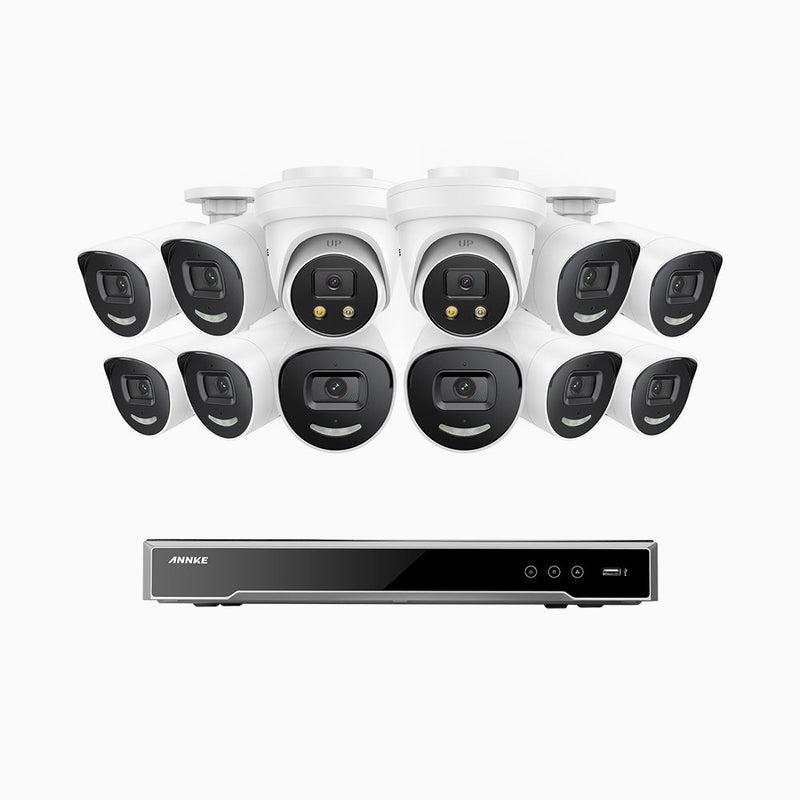 AH800 - 4K 16 Channel PoE Security System with 10 Bullet & 2 Turret Cameras, 1/1.8'' BSI Sensor, f/1.6 Aperture (0.003 Lux), Siren & Strobe Alarm, 2CH 4K Decoding Capability, Human & Vehicle Detection, Perimeter Protection