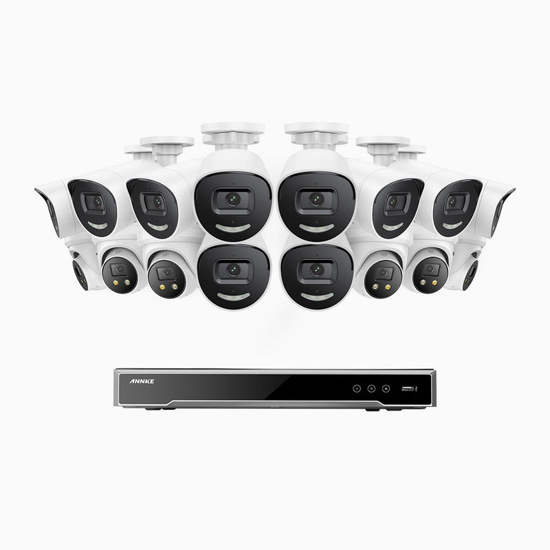 AH800 - 4K 16 Channel PoE Security System with 10 Bullet & 6 Turret Cameras, 1/1.8'' BSI Sensor, f/1.6 Aperture (0.003 Lux), Siren & Strobe Alarm, 2CH 4K Decoding Capability, Human & Vehicle Detection, Perimeter Protection