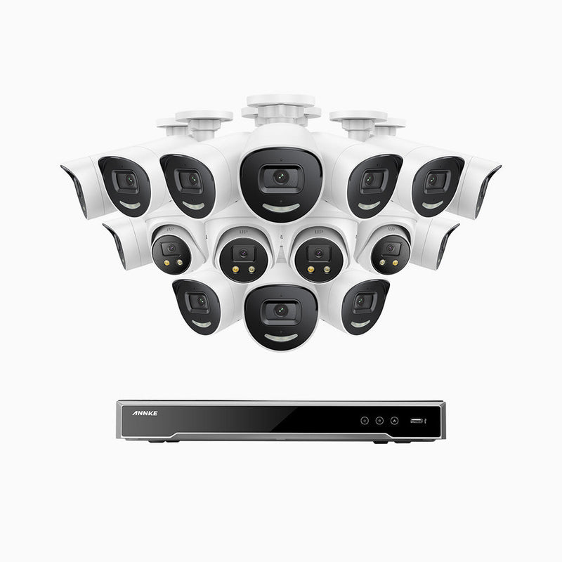 AH800 - 4K 16 Channel PoE Security System with 12 Bullet & 4 Turret Cameras, 1/1.8'' BSI Sensor, f/1.6 Aperture (0.003 Lux), Siren & Strobe Alarm, 2CH 4K Decoding Capability, Human & Vehicle Detection, Perimeter Protection