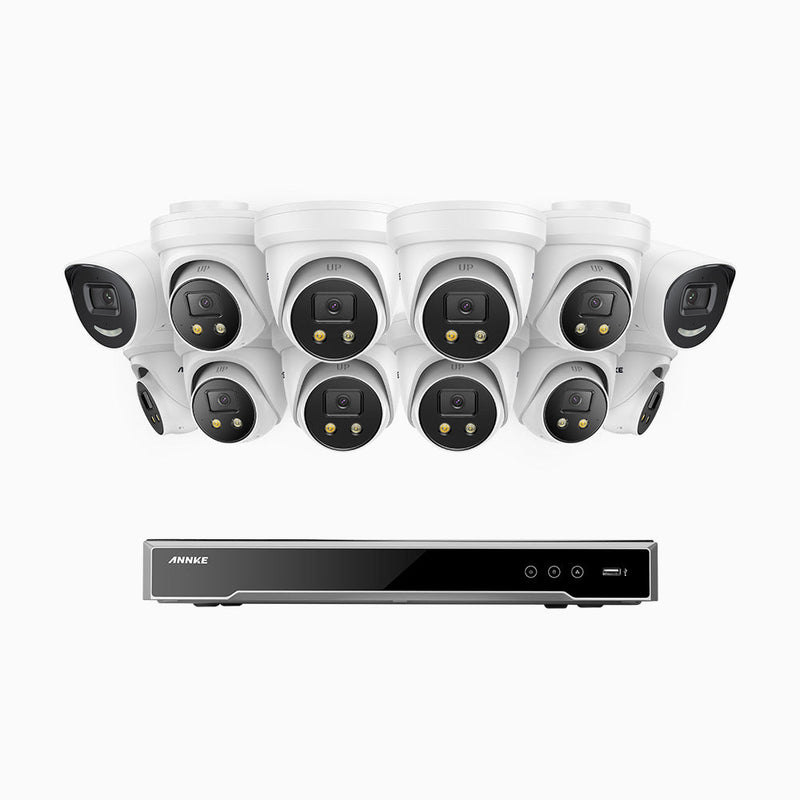 AH800 - 4K 16 Channel PoE Security System with 2 Bullet & 10 Turret Cameras, 1/1.8'' BSI Sensor, f/1.6 Aperture (0.003 Lux), Siren & Strobe Alarm, 2CH 4K Decoding Capability, Human & Vehicle Detection, Perimeter Protection