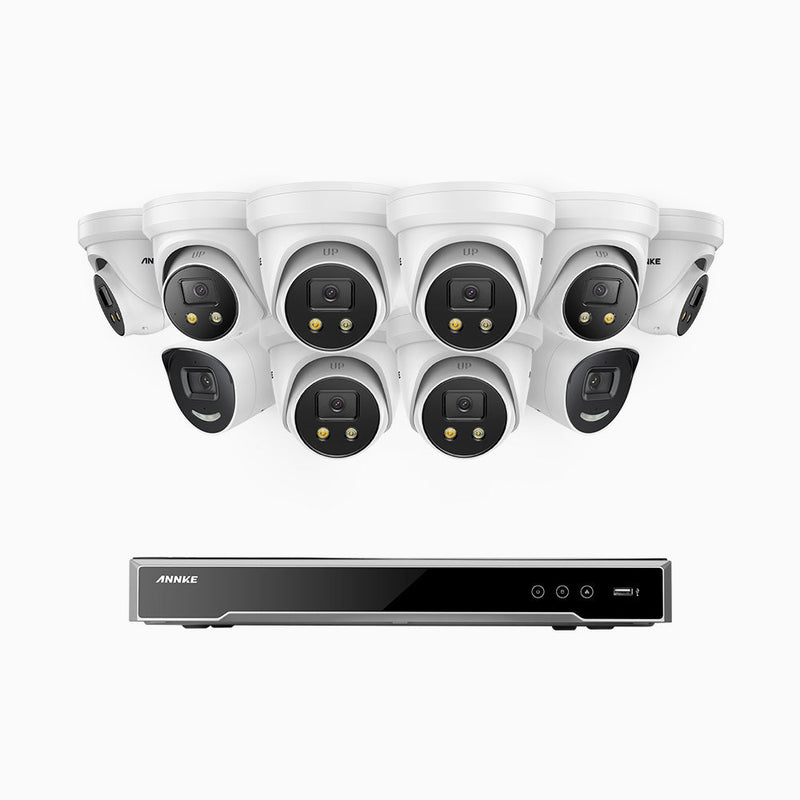 AH800 - 4K 16 Channel PoE Security System with 2 Bullet & 8 Turret Cameras, 1/1.8'' BSI Sensor, f/1.6 Aperture (0.003 Lux), Siren & Strobe Alarm, 2CH 4K Decoding Capability, Human & Vehicle Detection, Perimeter Protection