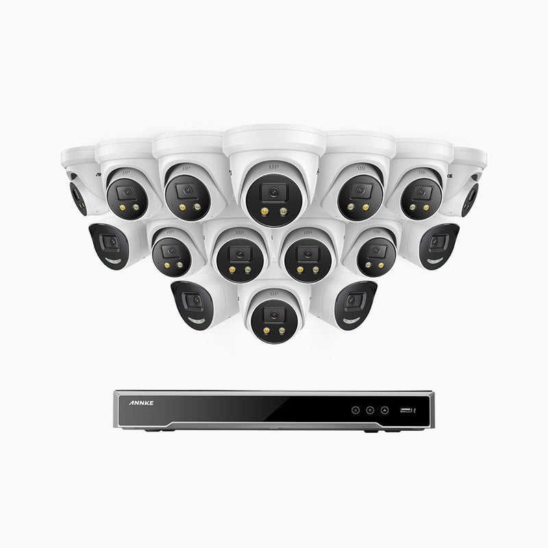 AH800 - 4K 16 Channel PoE Security System with 4 Bullet & 12 Turret Cameras, 1/1.8'' BSI Sensor, f/1.6 Aperture (0.003 Lux), Siren & Strobe Alarm, 2CH 4K Decoding Capability, Human & Vehicle Detection, Perimeter Protection