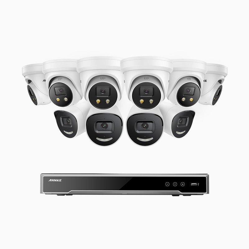 AH800 - 4K 16 Channel PoE Security System with 4 Bullet & 6 Turret Cameras, 1/1.8'' BSI Sensor, f/1.6 Aperture (0.003 Lux), Siren & Strobe Alarm, 2CH 4K Decoding Capability, Human & Vehicle Detection, Perimeter Protection