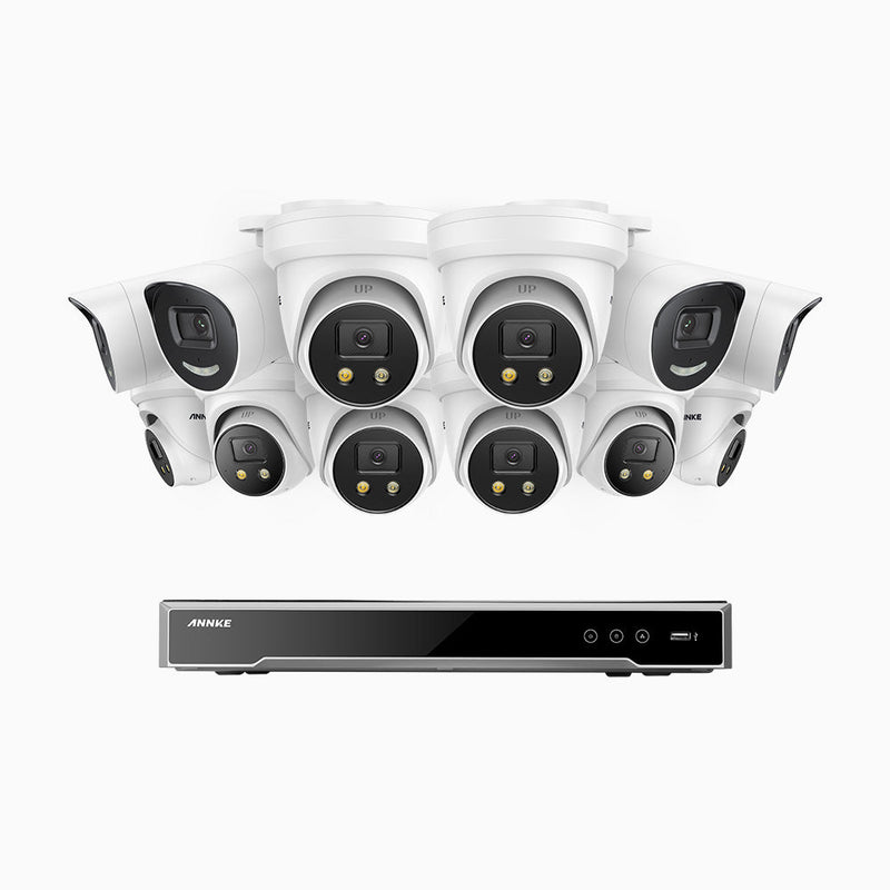 AH800 - 4K 16 Channel PoE Security System with 4 Bullet & 8 Turret Cameras, 1/1.8'' BSI Sensor, f/1.6 Aperture (0.003 Lux), Siren & Strobe Alarm, 2CH 4K Decoding Capability, Human & Vehicle Detection, Perimeter Protection