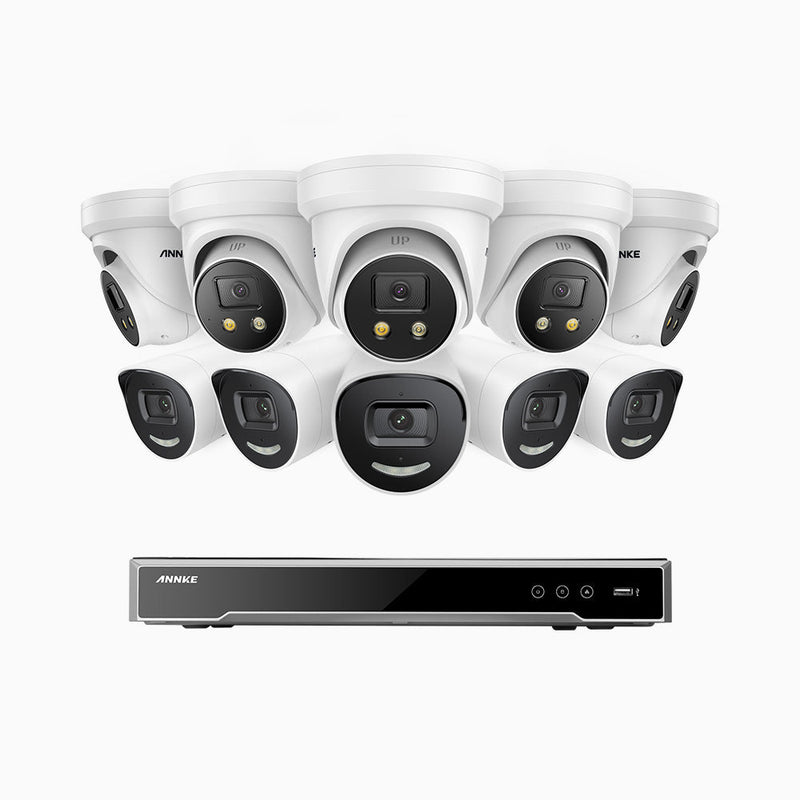 AH800 - 4K 16 Channel PoE Security System with 5 Bullet & 5 Turret Cameras, 1/1.8'' BSI Sensor, f/1.6 Aperture (0.003 Lux), Siren & Strobe Alarm, 2CH 4K Decoding Capability, Human & Vehicle Detection, Perimeter Protection