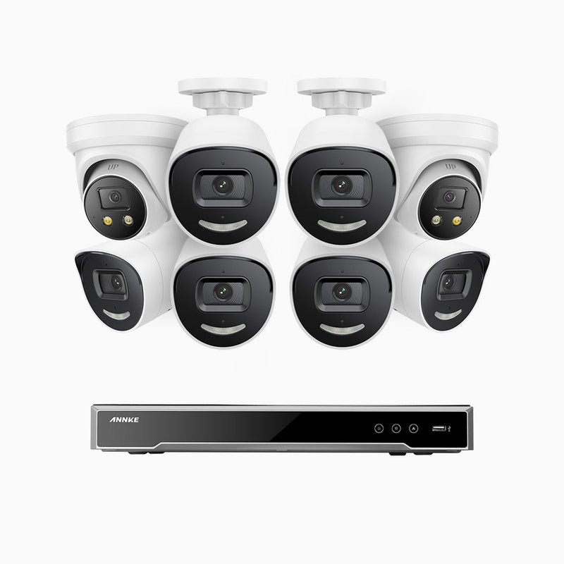 AH800 - 4K 16 Channel PoE Security System with 6 Bullet & 2 Turret Cameras, 1/1.8'' BSI Sensor, f/1.6 Aperture (0.003 Lux), Siren & Strobe Alarm, 2CH 4K Decoding Capability, Human & Vehicle Detection, Perimeter Protection