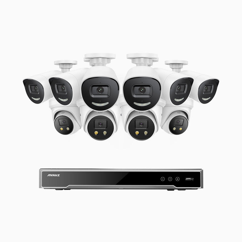 AH800 - 4K 16 Channel PoE Security System with 6 Bullet & 4 Turret Cameras, 1/1.8'' BSI Sensor, f/1.6 Aperture (0.003 Lux), Siren & Strobe Alarm, 2CH 4K Decoding Capability, Human & Vehicle Detection, Perimeter Protection