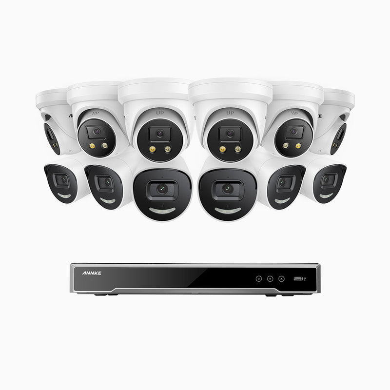 AH800 - 4K 16 Channel PoE Security System with 6 Bullet & 6 Turret Cameras, 1/1.8'' BSI Sensor, f/1.6 Aperture (0.003 Lux), Siren & Strobe Alarm, 2CH 4K Decoding Capability, Human & Vehicle Detection, Perimeter Protection