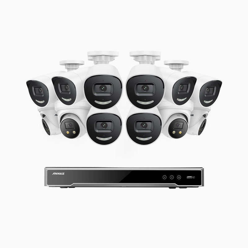 AH800 - 4K 16 Channel PoE Security System with 8 Bullet & 4 Turret Cameras, 1/1.8'' BSI Sensor, f/1.6 Aperture (0.003 Lux), Siren & Strobe Alarm, 2CH 4K Decoding Capability, Human & Vehicle Detection, Perimeter Protection