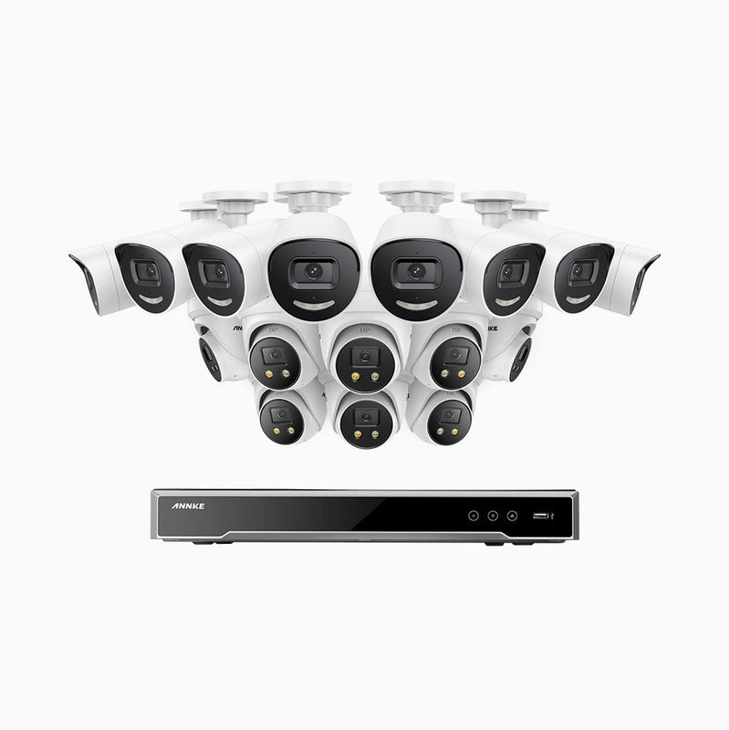 AH800 - 4K 16 Channel PoE Security System with 8 Bullet & 8 Turret Cameras, 1/1.8'' BSI Sensor, f/1.6 Aperture (0.003 Lux), Siren & Strobe Alarm, 2CH 4K Decoding Capability, Human & Vehicle Detection, Perimeter Protection